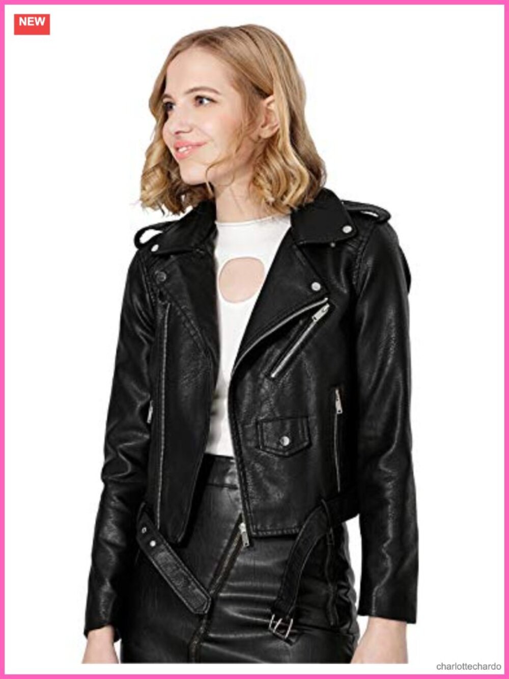 Faux Leather Textured Moto Jacket Zip-Up Slim Biker Coat with Pockets
